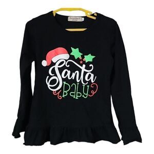 Santa Baby Black Ruffled Sleeve Holiday T-Shirt 130 cm (7/8) Girls Graphic Tee